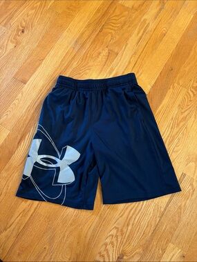Under Armour Boys Navy Athletic Shorts with Large Logo (Size M)